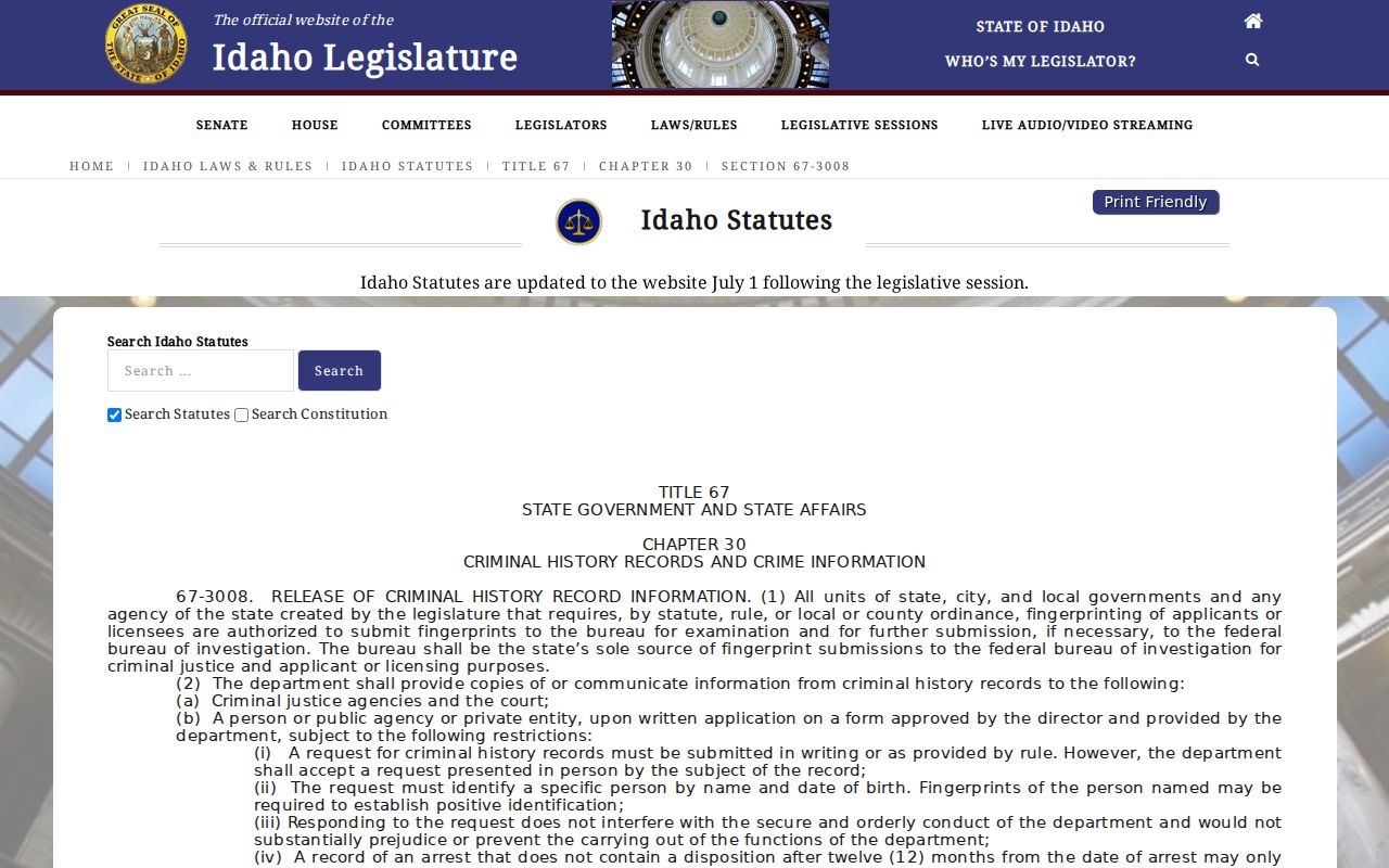 Idaho criminal history disclosure statute